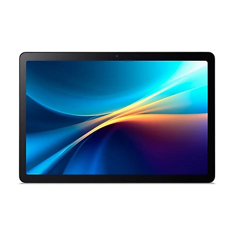 Schwarzes Tablet mit blau-gelbem Bildschirmhintergrund. Schwarzer Rand, Kamera oben.