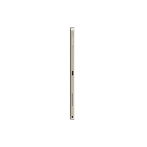Draufsicht auf ein Tablet in Gold. Auf der Seite befinden sich Knöpfe, Anschlüsse und ein Mikrofon.