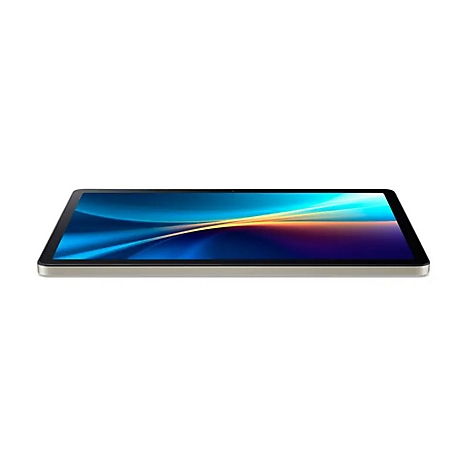 Ein Tablet liegt flach auf einer weißen Oberfläche. Auf dem Bildschirm sind blaue und gelbe Farbverläufe zu sehen.