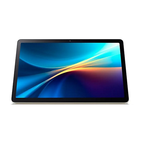 Draufsicht auf ein Tablet. Der Bildschirm zeigt blaue und goldene abstrakte Formen vor weißem Hintergrund.