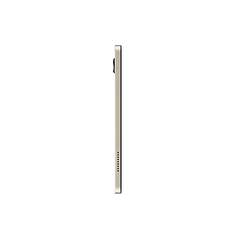 Draufsicht auf ein beiges Tablet-PC-Profil, das einen schwarzen Kamerarand und eine Reihe von Punkten auf der Unterseite aufweist.