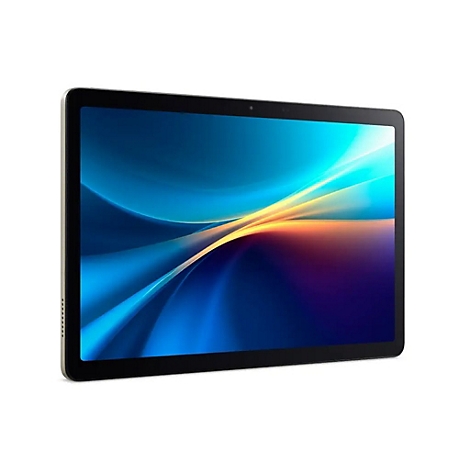 Ein Tablet mit schwarzem Rahmen und einem dynamischen Display auf weißem Hintergrund.