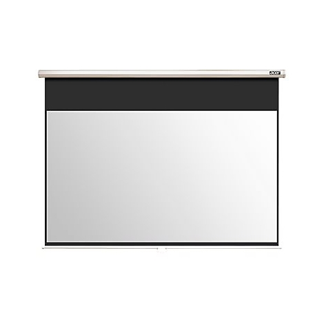 Leinwand, die an der Decke montiert ist. Die schwarze obere Hälfte enthält die Mechanik, darunter eine weiße Projektionsfläche.