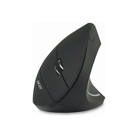 Schwarze, vertikale Acer-Ergonomie-Maus vor weißem Hintergrund.