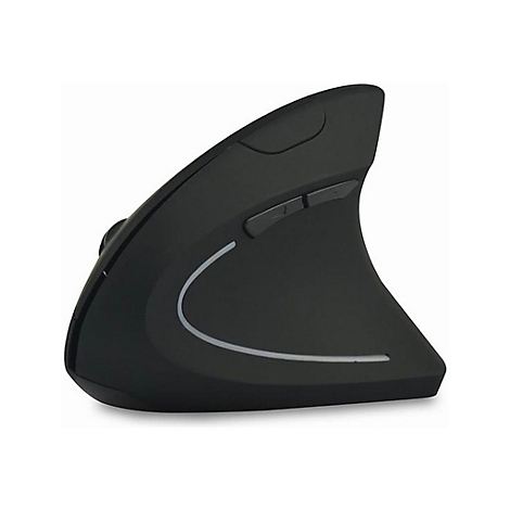 Schwarze, ergonomische Vertikal-Computermaus mit seitlichen Tasten und dezentem Lichtstreifen vor weißem Hintergrund.
