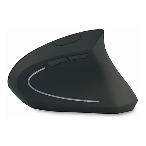 Schwarze, ergonomische Vertikalmaus auf weißem Hintergrund mit Tasten an der Seite und einer geschwungenen Lichtleiste.
