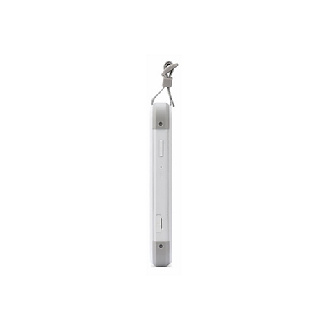 Seitenansicht einer weißen Powerbank mit grauen Akzenten und einer Trageschlaufe.