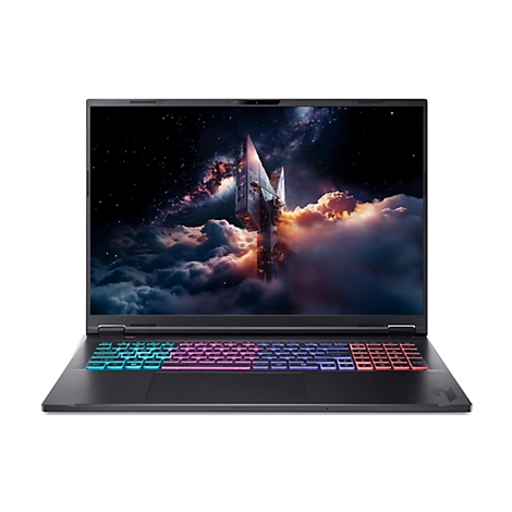 Schwarzer Laptop mit farbiger Tastatur und Weltraum-Hintergrund.