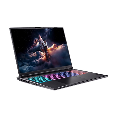 Schwarzer Laptop mit farbig beleuchteter Tastatur. Auf dem Bildschirm ist ein Weltraum-Motiv zu sehen.