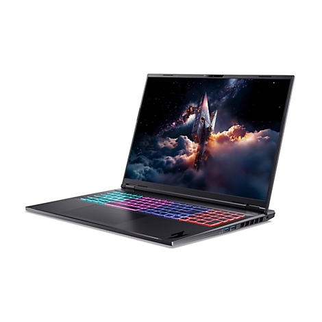 Ein schwarzer Laptop mit farbig beleuchteter Tastatur, geöffnet und leicht geneigt. Auf dem Bildschirm eine Weltraumlandschaft mit Raumschiff.