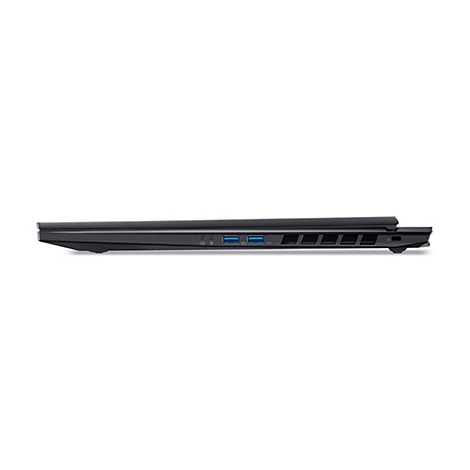 Seitenansicht eines schwarzen Laptops. Ports wie USB und Lüftungsschlitze sind sichtbar.