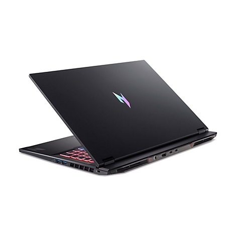 Schwarzes, geöffnetes Laptop. Auf dem Deckel ein farbiges Logo. Die Tastatur leuchtet rot.