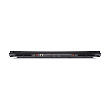 Dunkles Notebook von unten, HDMI-Anschluss und USB-Anschlüsse sichtbar.