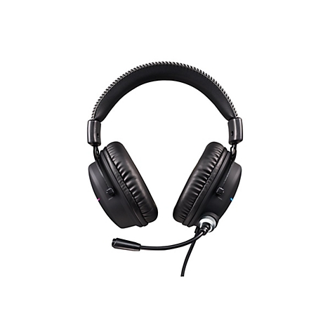 Schwarzes Gaming-Headset mit gepolstertem Bügel, weichen Ohrpolstern und einem ausklappbaren Mikrofon.