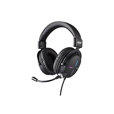 Schwarzes Acer Gaming-Headset mit gepolstertem Bügel, Mikrofonarm und dezentem, leuchtendem RGB-Logo.