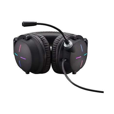 Schwarzes Gaming-Headset mit gepolsterten Ohrmuscheln, RGB-Lichtstreifen und abnehmbarem Mikrofonarm.