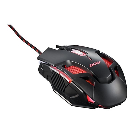 Schwarze Gaming-Maus von Acer mit roter LED-Beleuchtung und Kabel, auf weißem Hintergrund.