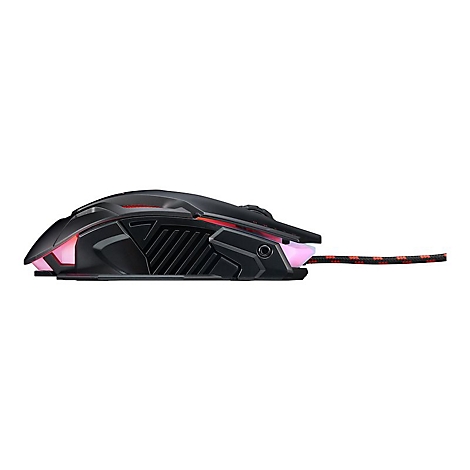 Schwarze Gaming-Maus in Seitenansicht mit roter LED-Beleuchtung und geflochtenem Kabel.