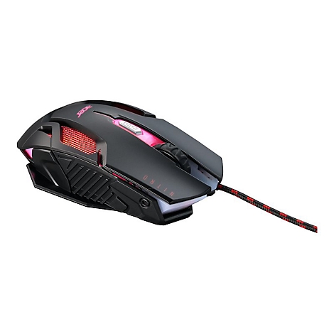 Schwarze Gaming-Maus mit roter LED-Beleuchtung, strukturiertem Gehäuse und stoffummanteltem Kabel auf weißem Hintergrund.