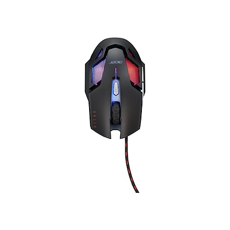 Schwarze Acer Nitro Gaming-Maus mit RGB-Beleuchtung und Textilkabel vor weißem Hintergrund.