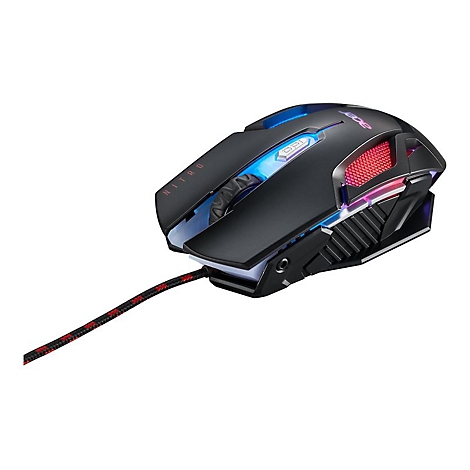 Schwarze Acer Nitro Gaming-Maus mit RGB-Beleuchtung und Textilkabel vor weißem Hintergrund.