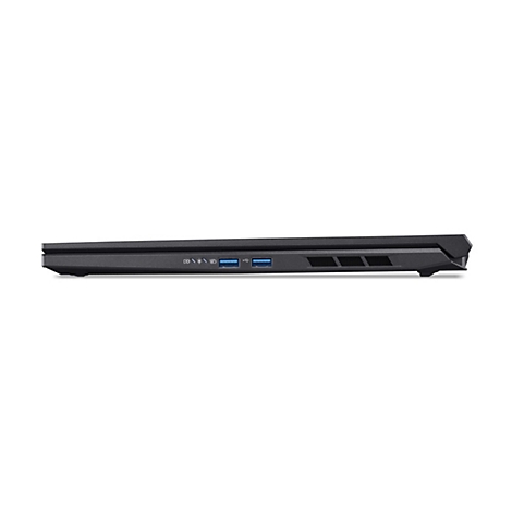 Schwarzes Laptop-Gehäuse von der Seite. Stecker-Ports und Lüftungsschlitze sind zu sehen.