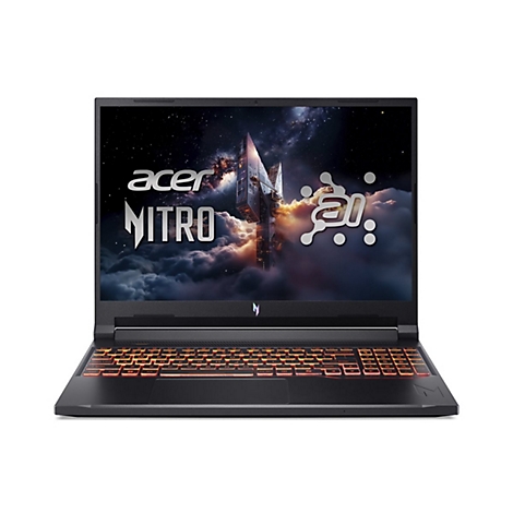 Schwarzer Acer Nitro Laptop, Display mit Sternenhimmel, beleuchtete Tastatur.