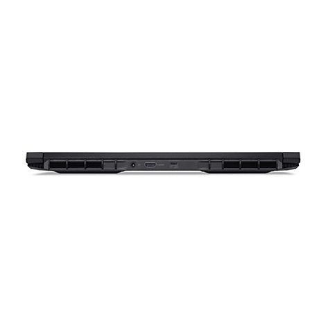 Schwarzer Laptop-Boden, Seitenansicht. Lüftungsschlitze, HDMI-Anschluss, USB-C-Anschluss.