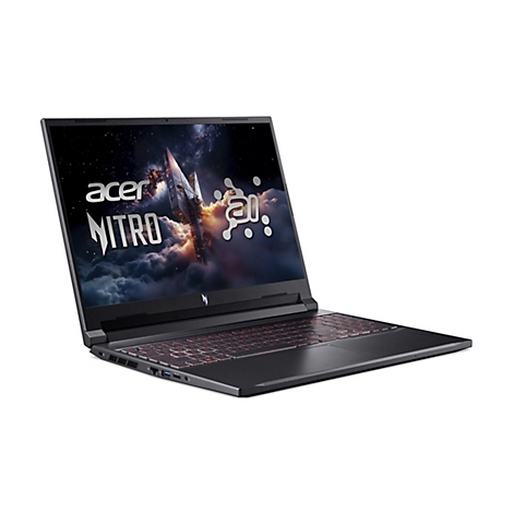 Schwarzer Laptop Acer Nitro mit leuchtender Tastatur. Auf dem Bildschirm ist ein Weltraum-Motiv mit einem Raumschiff zu sehen.