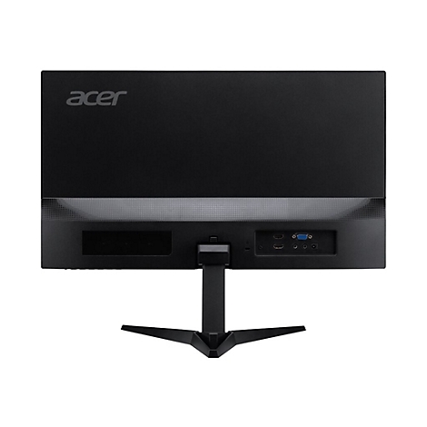 Rückseite eines schwarzen Acer-Monitors mit Standfuß und sichtbaren Anschlüssen.