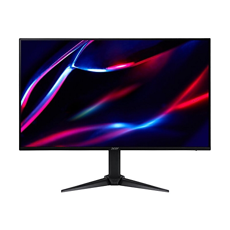 Schwarzer Acer Gaming-Monitor mit schmalem Rahmen und dreibeinigem Standfuß, zeigt abstrakte leuchtende Linien.
