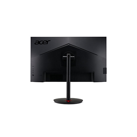 Rückseite eines schwarzen Acer-Monitors auf einem Standfuß mit rundem Sockel vor weißem Hintergrund.