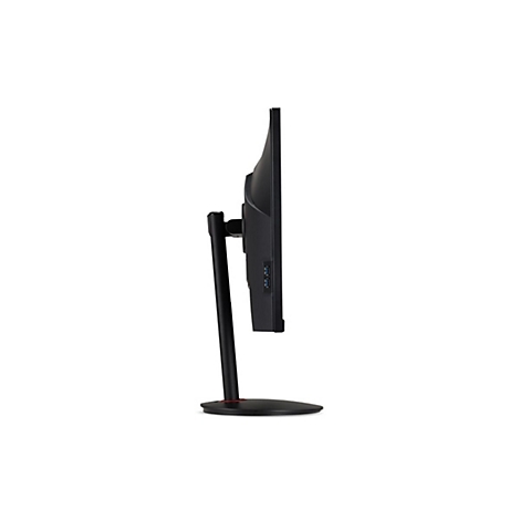 Seitliche Ansicht eines schwarzen Computer-Monitors mit schlankem Standfuß auf weißem Hintergrund.