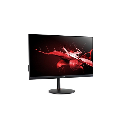 Schwarzer Acer Gaming-Monitor mit schmalem Rahmen auf rundem Standfuß vor weißem Hintergrund.