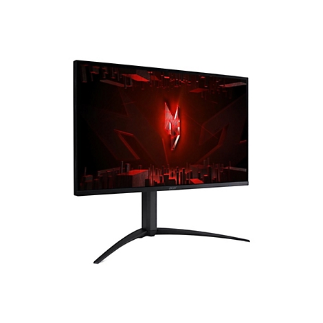 Schwarzer Acer Gaming-Monitor mit dreibeinigem Standfuß zeigt ein abstraktes, leuchtend rotes Predator-Logo auf dem Display.