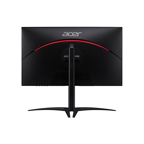 Rückseite eines schwarzen Acer Gaming-Monitors mit einem dünnen, leuchtend roten Lichtstreifen und einem schlanken Standfuß.