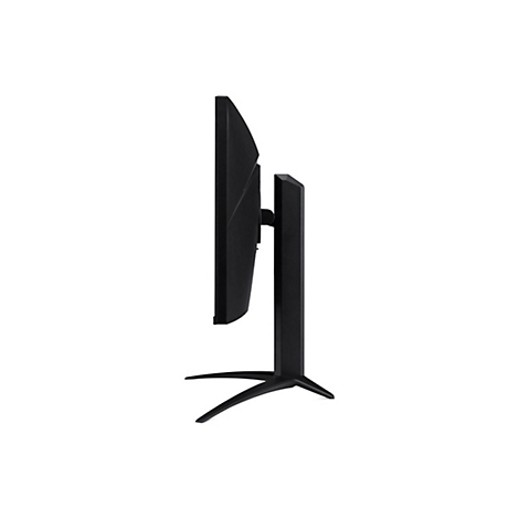 Seitliche Ansicht eines schwarzen Gaming-Monitors mit geschwungenem Bildschirm auf einem Standfuß.