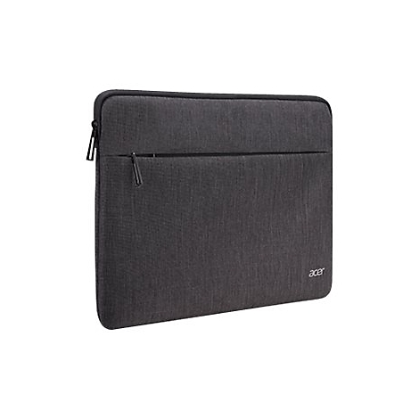 Dunkelgraue Laptoptasche aus Stoff mit Reißverschluss und kleinem Acer-Logo in der Ecke.