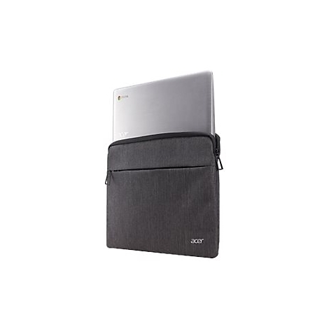 Silberner Acer Chromebook Laptop in einer dunkelgrauen Stoffhülle vor weißem Hintergrund.