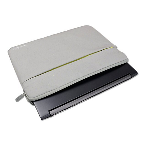 Graue Laptophülle aus Stoff mit grünem Reißverschluss, halb gefüllt mit einem schwarzen Laptop.
