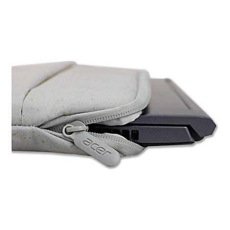 Nahaufnahme einer grauen Laptoptasche mit gelben Sprenkeln und Acer-Logo am Reißverschluss.