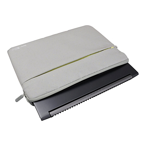 Graue Laptoptasche aus recyceltem Material mit neongelbem Reißverschluss, darin steckt ein schwarzer Acer Aspire Laptop.