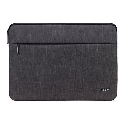 Dunkelgraue Acer Laptop-Hülle aus Stoff mit Reißverschlussfach vorne auf weißem Hintergrund.