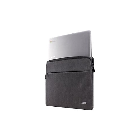 Ein silberner Acer Chromebook Laptop steckt in einer dunkelgrauen Schutzhülle aus Stoff.