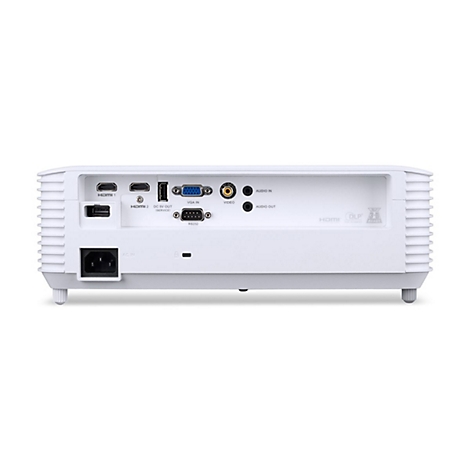 Rückseite eines weißen Videoprojektors mit diversen Anschlüssen wie HDMI, VGA, Audio und Stromanschluss.