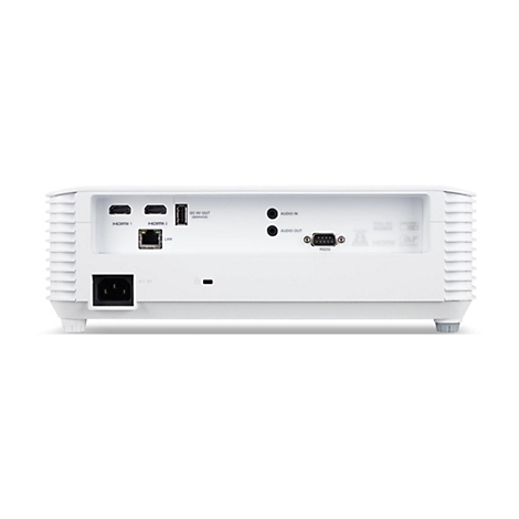 Rückseite eines weißen Projektors mit verschiedenen Anschlüssen wie HDMI, LAN, Audio und Stromanschluss.