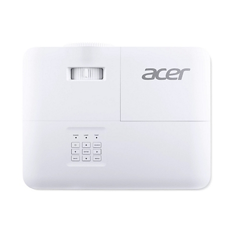 Draufsicht auf einen weißen Acer-Projektor mit Bedienfeld und Fokus-Einstellrad.
