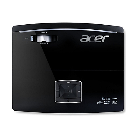 Schwarzer Acer-Projektor mit Bedienelementen und Logo. Zoom-, Fokus- und andere Funktionen sind beschriftet. Full HD 1080p.