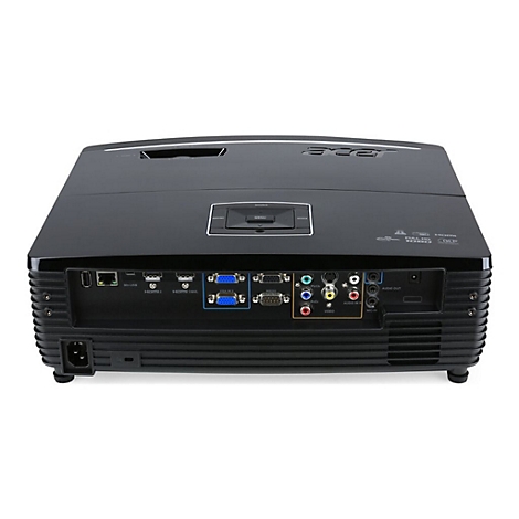 Schwarzer Projektor mit Anschlüssen für HDMI, VGA und Audio. Acer-Logo. Rückansicht.