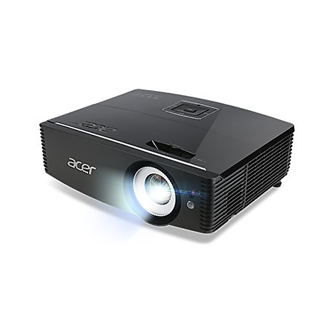 Schwarzer Acer-Projektor, der einen Lichtstrahl projiziert. Der Projektor hat den Schriftzug "acer".